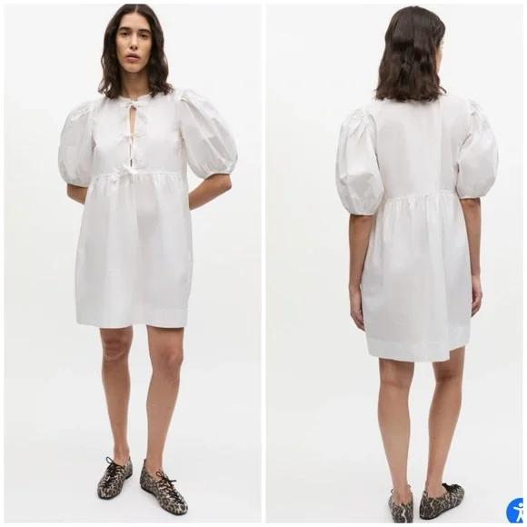 GANNI Cotton Poplin Tie String White Puff Sleeve Mini Dress EU Sz 34 / US sz 2 - Picture 4 of 13